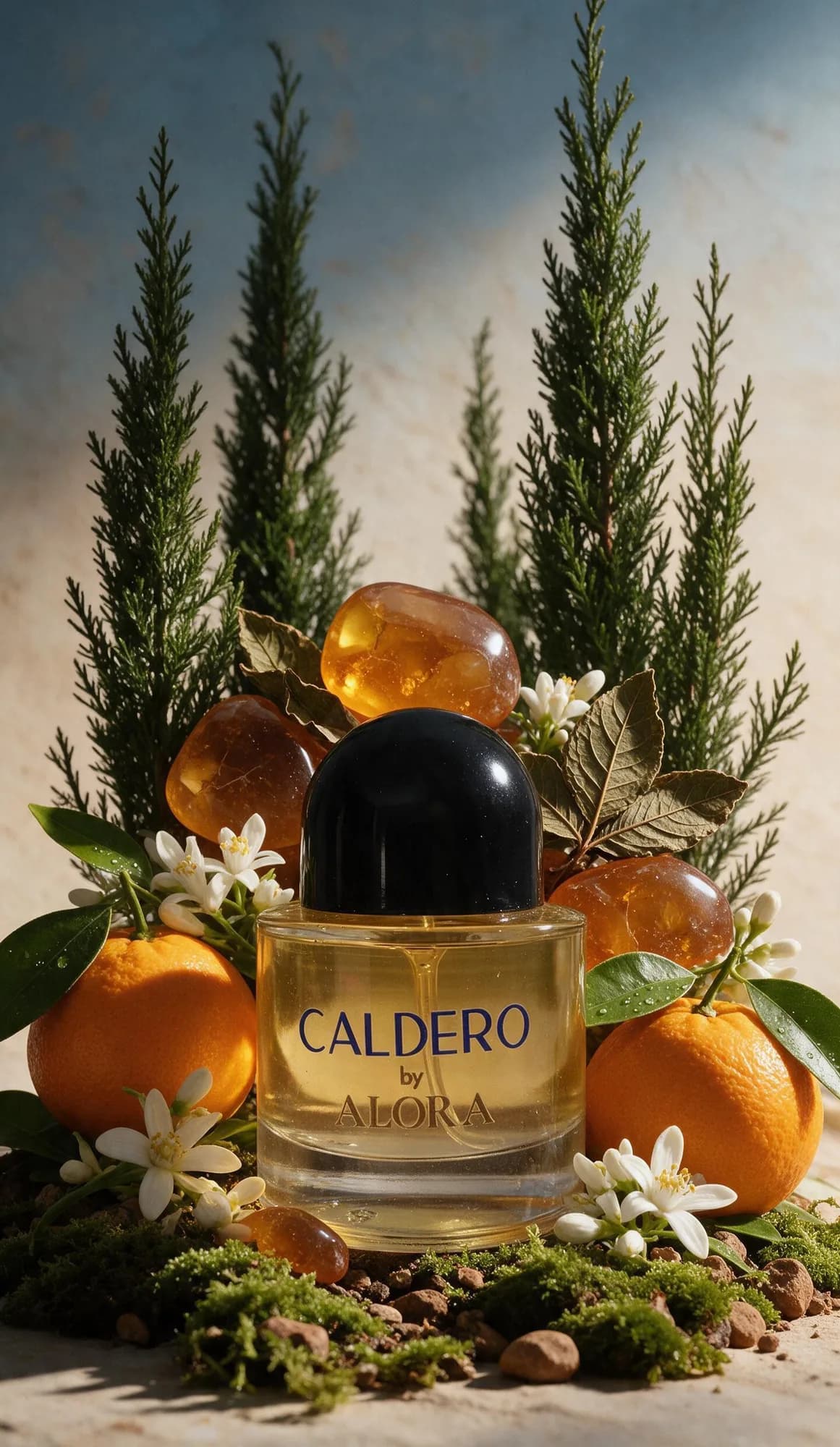 Botol CALDERO di depan cemara, dikelilingi jeruk, bunga jeruk, dan amber.