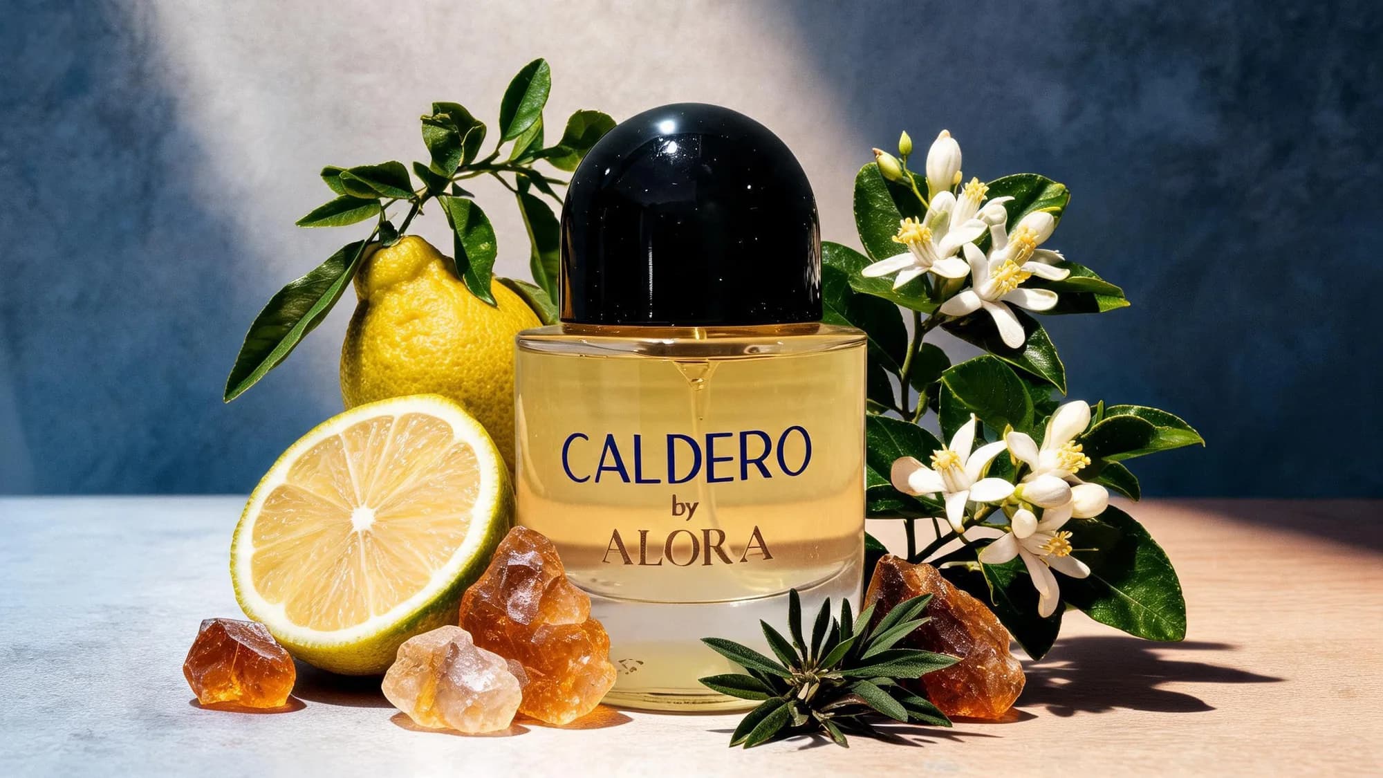 Botol CALDERO bersama lemon, bunga jeruk, dan kristal amber.