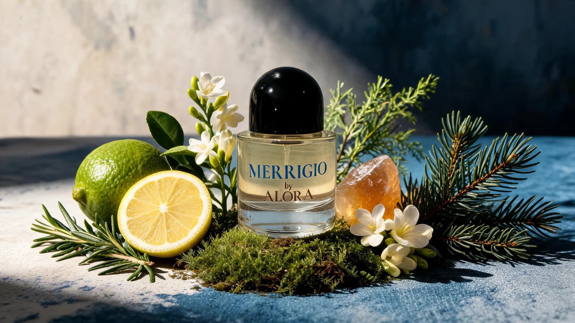 Botol MERRIGIO di atas lumut, diapit jeruk nipis, lemon, rosemary, freesia, dan pinus.